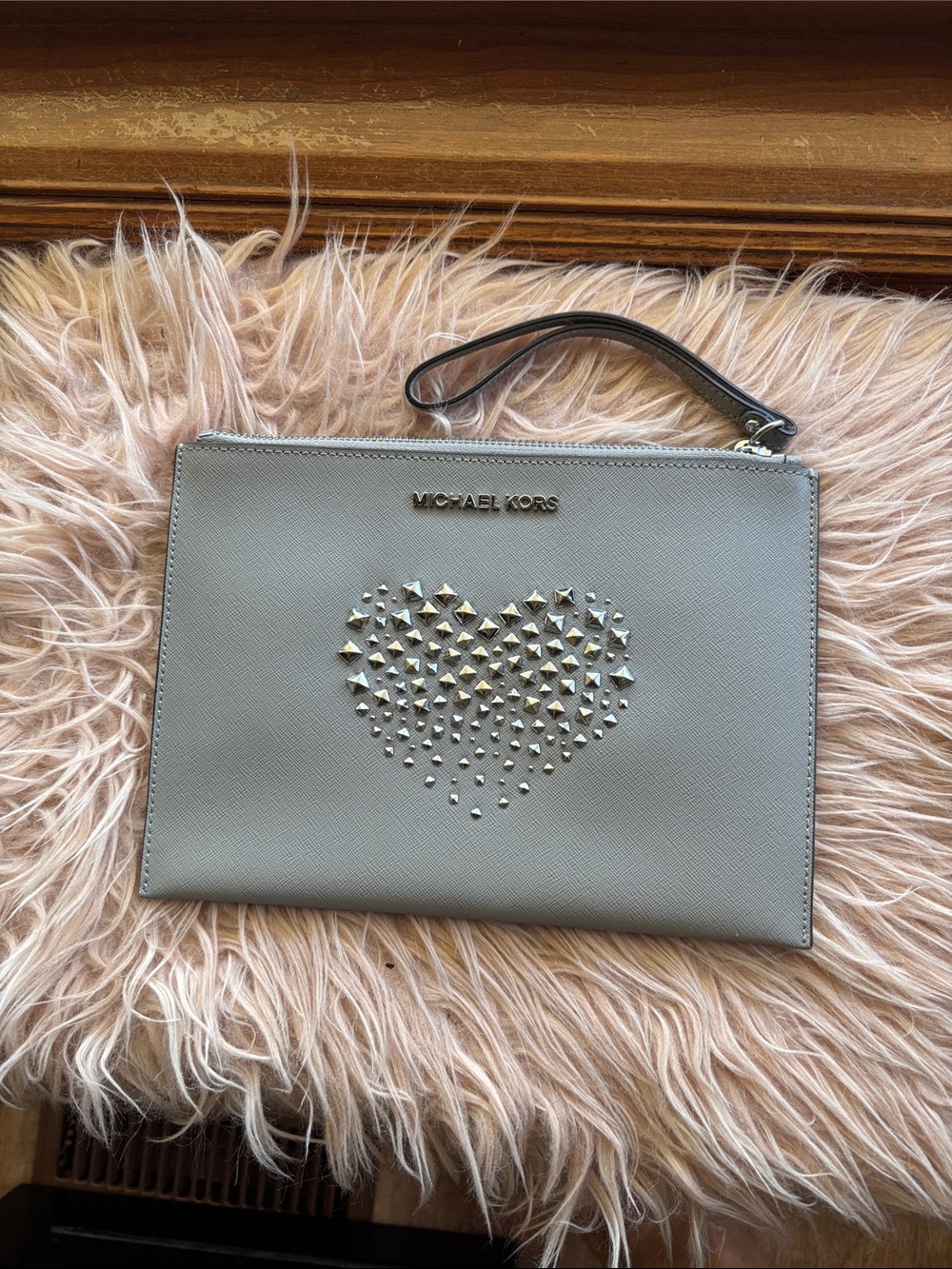 Michael Kors Gray Studded Heart Wristlet Clutch